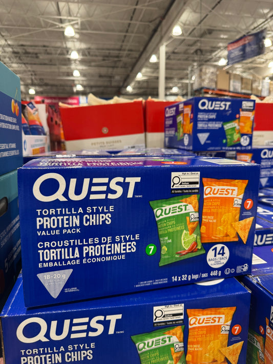 Quest Tortilla Style Protein Chips, Nacho Cheese & Chili Lime Flavours, 14 × 32 g