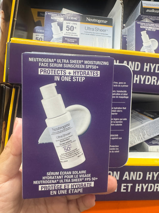 Neutrogena Ultra Sheer Moisturizing Face Serum Sunscreen SPF 50+ - with Vitamin E - UVA/UVB Protection - Fragrance Free - 2 x 50 mL